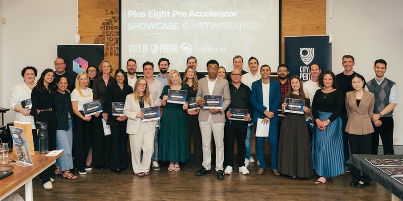 City of Perth Plus Eight Pre-Accelerator 2026 cohort at the sold-out Showcase at Riff in Perth, celebrating six weeks of pitching, learning and building