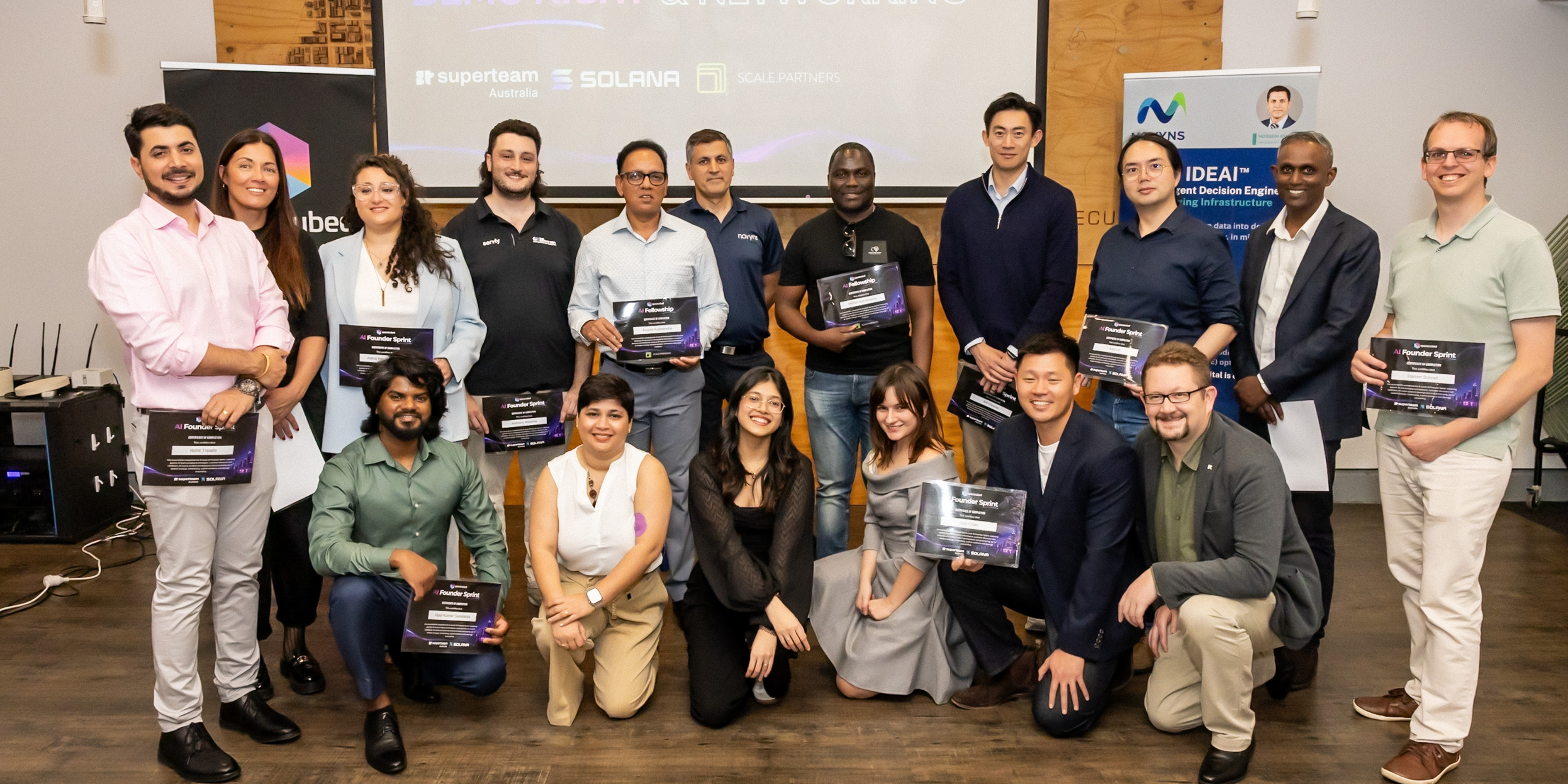 AI Founder Sprint and AI Fellowship founders at Spacecubed Demo Night 2026, supported by Superteam Australia, Solana and Scale Partners.