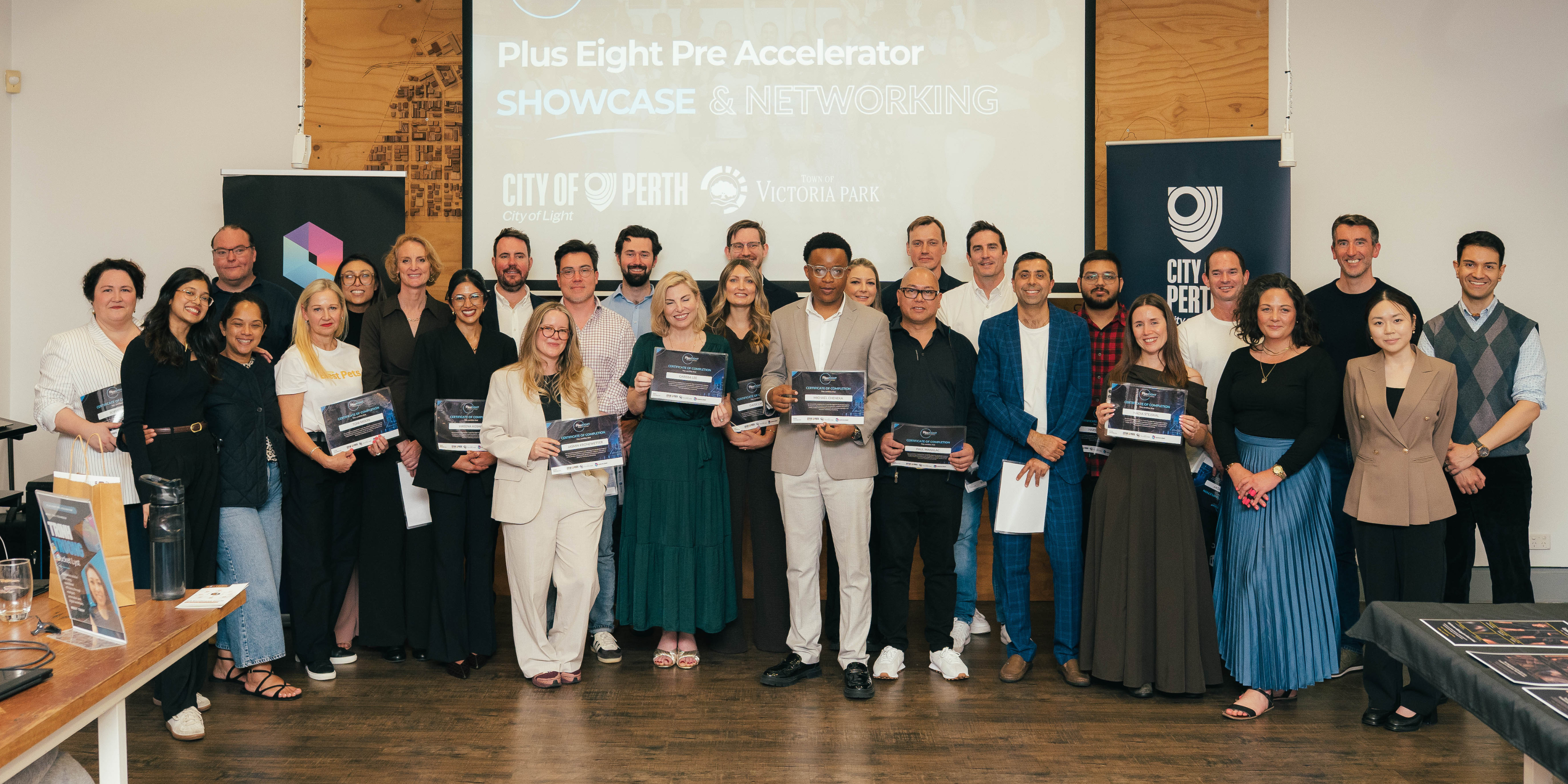 City of Perth Plus Eight Pre-Accelerator 2026 cohort at the sold-out Showcase at Riff in Perth, celebrating six weeks of pitching, learning and building